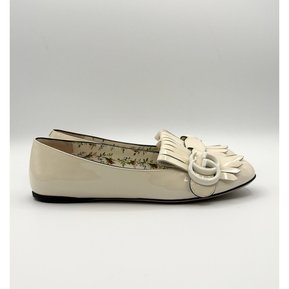 Gucci White Patent Leather Flats w/ Fringe GG Logo Marmont Sz EU 35